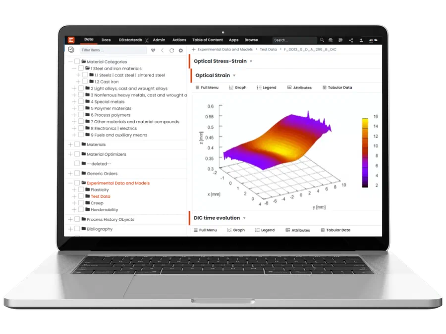 Screenshot of the EDA materials data management interface with material categories and a stress-strain plot